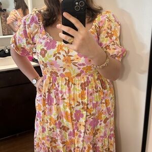 Pink/Orange Maxi Dress with Puff Sleeves